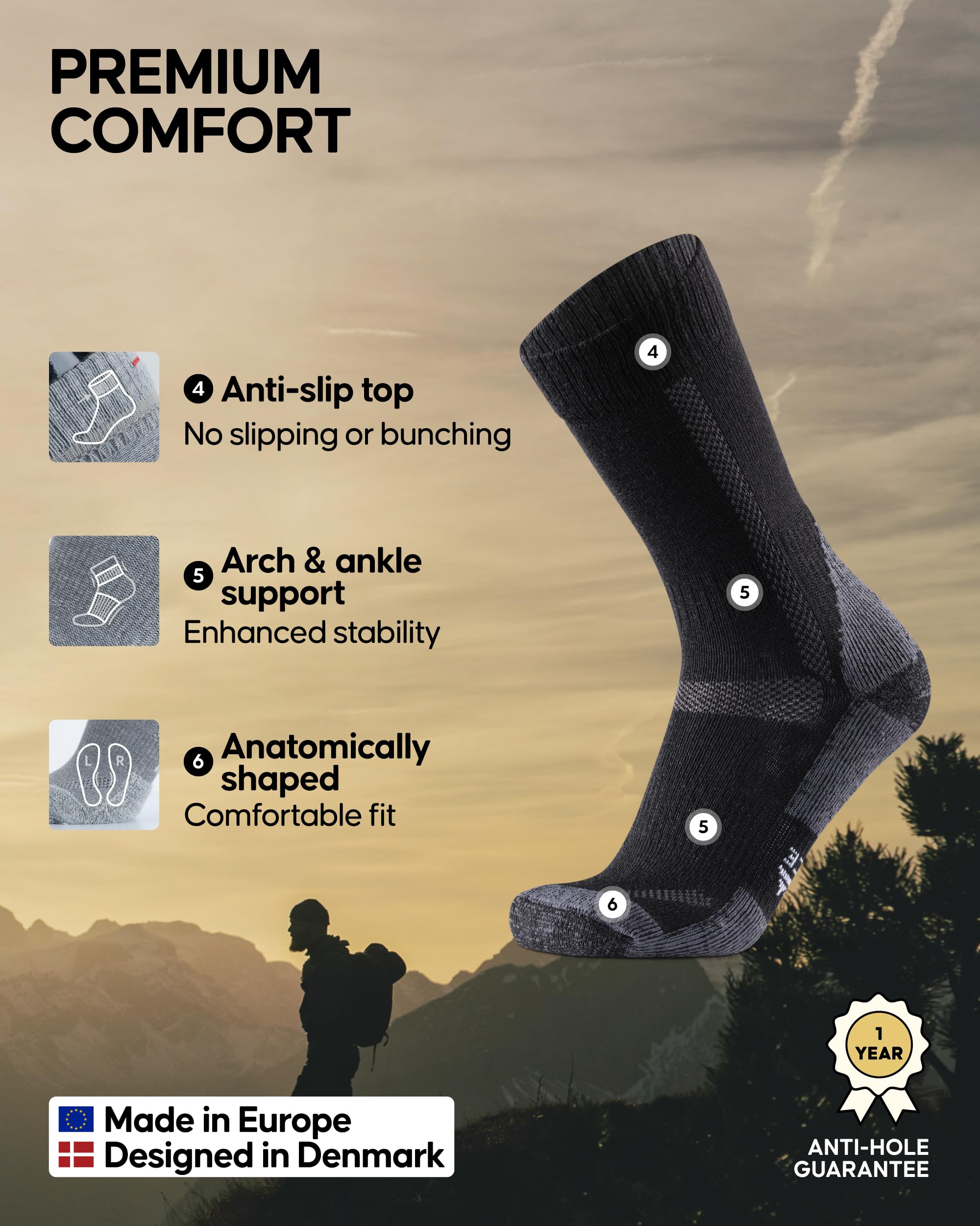 DANISH ENDURANCE Hiking Socks, Merino Wool Socks, Anti Blister, Thermal, for Men & Women, 1-Pack - Image 3
