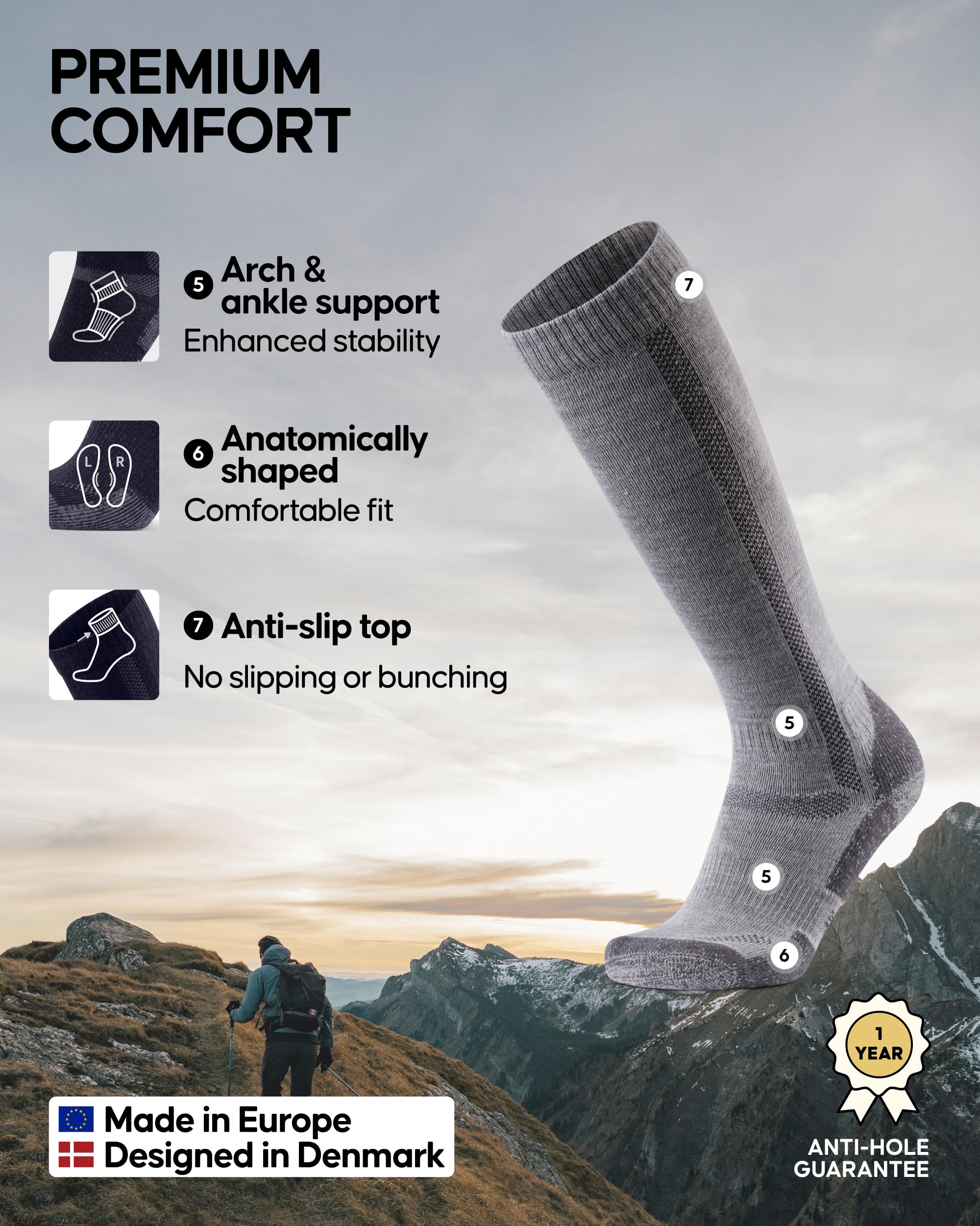 DANISH ENDURANCE Knee High Hiking Socks, Merino Wool, Long Thermal Socks, for Women & Men - Image 3