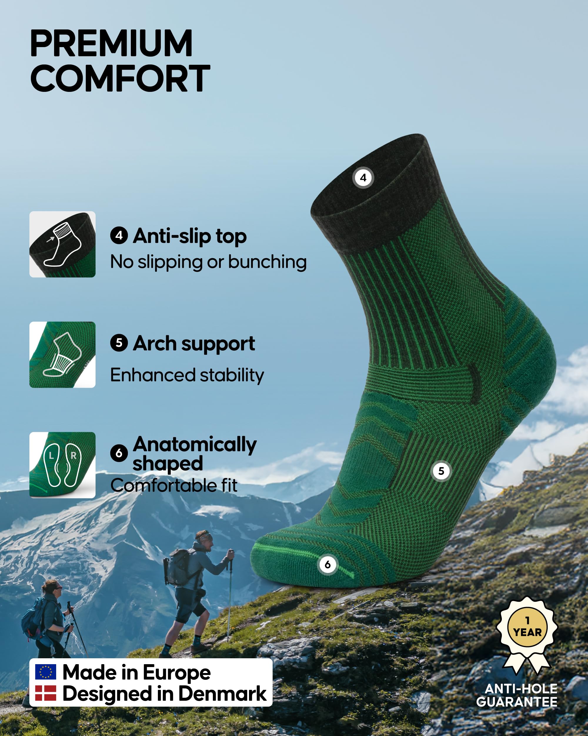DANISH ENDURANCE Lightweight Merino Wool Hiking Socks, Thin Breathable Summer Walking Socks for Men & Women, 3 or 5-Pack - Image 3
