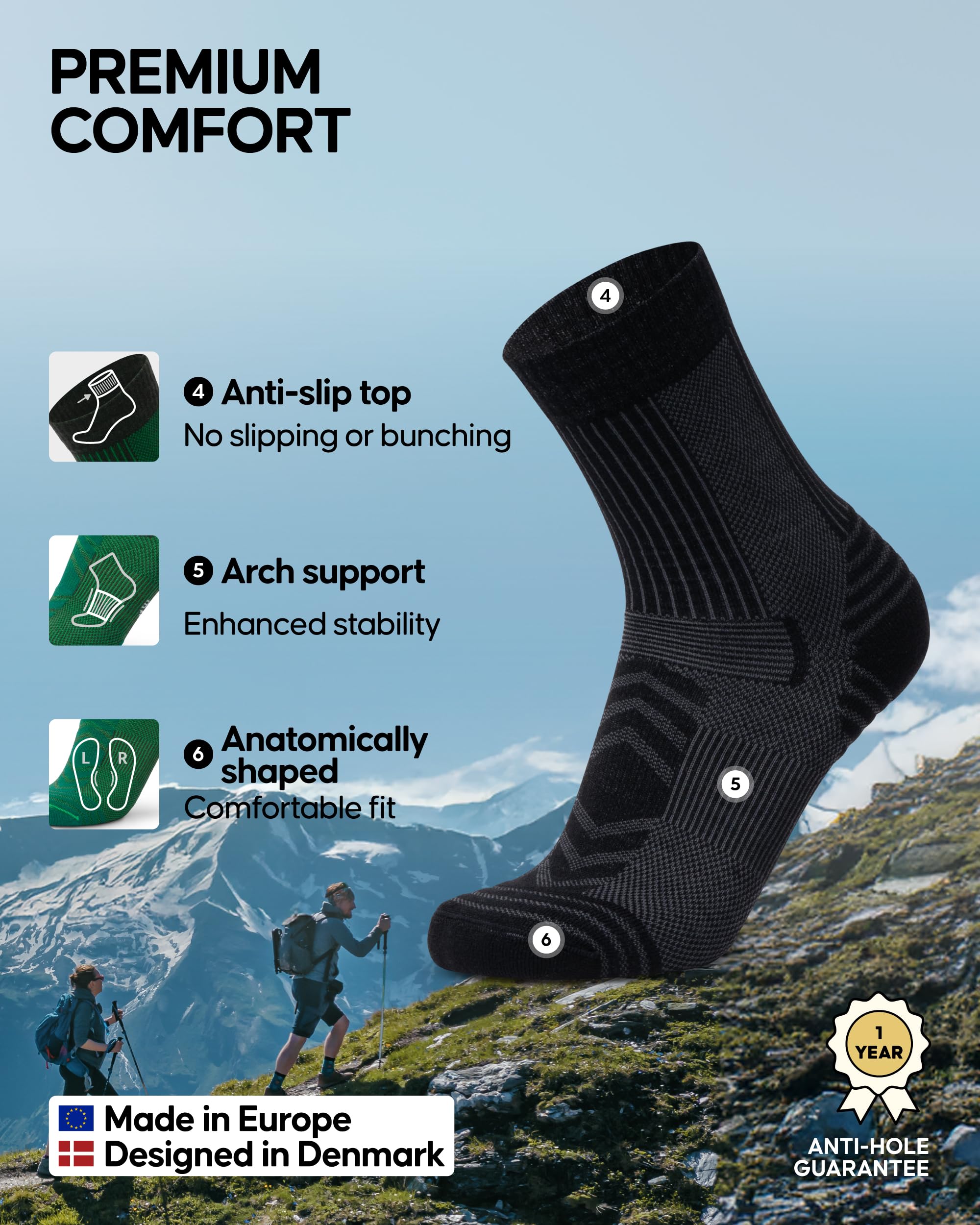 DANISH ENDURANCE Lightweight Merino Wool Hiking Socks, Thin Breathable Summer Walking Socks for Men & Women, 1-Pack - Image 3
