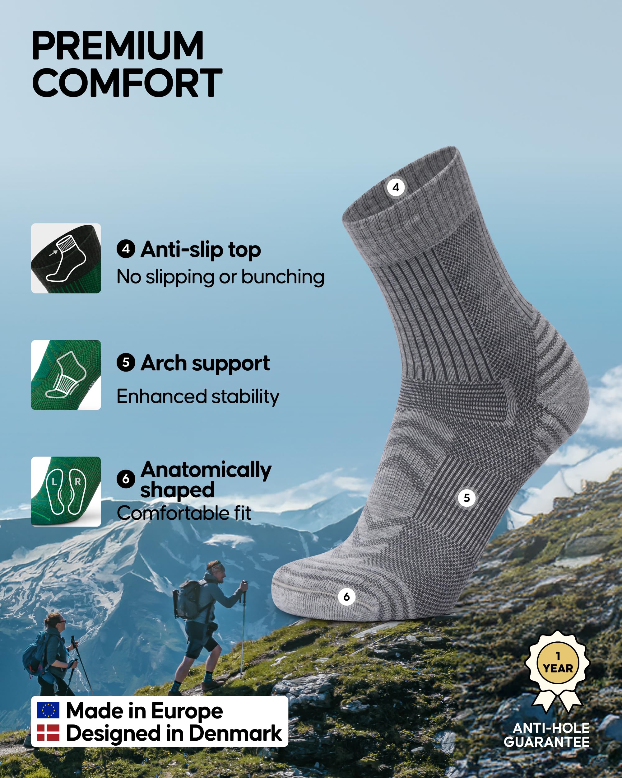 DANISH ENDURANCE Lightweight Merino Wool Hiking Socks, Thin Breathable Summer Walking Socks for Men & Women, 3 or 5-Pack - Image 3