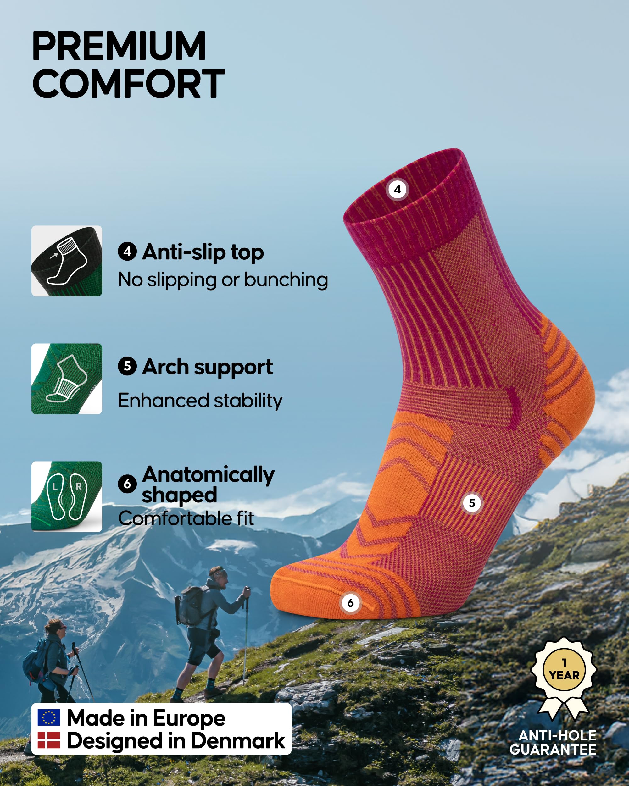 DANISH ENDURANCE Lightweight Merino Wool Hiking Socks, Thin Breathable Summer Walking Socks for Men & Women, 3 or 5-Pack - Image 3