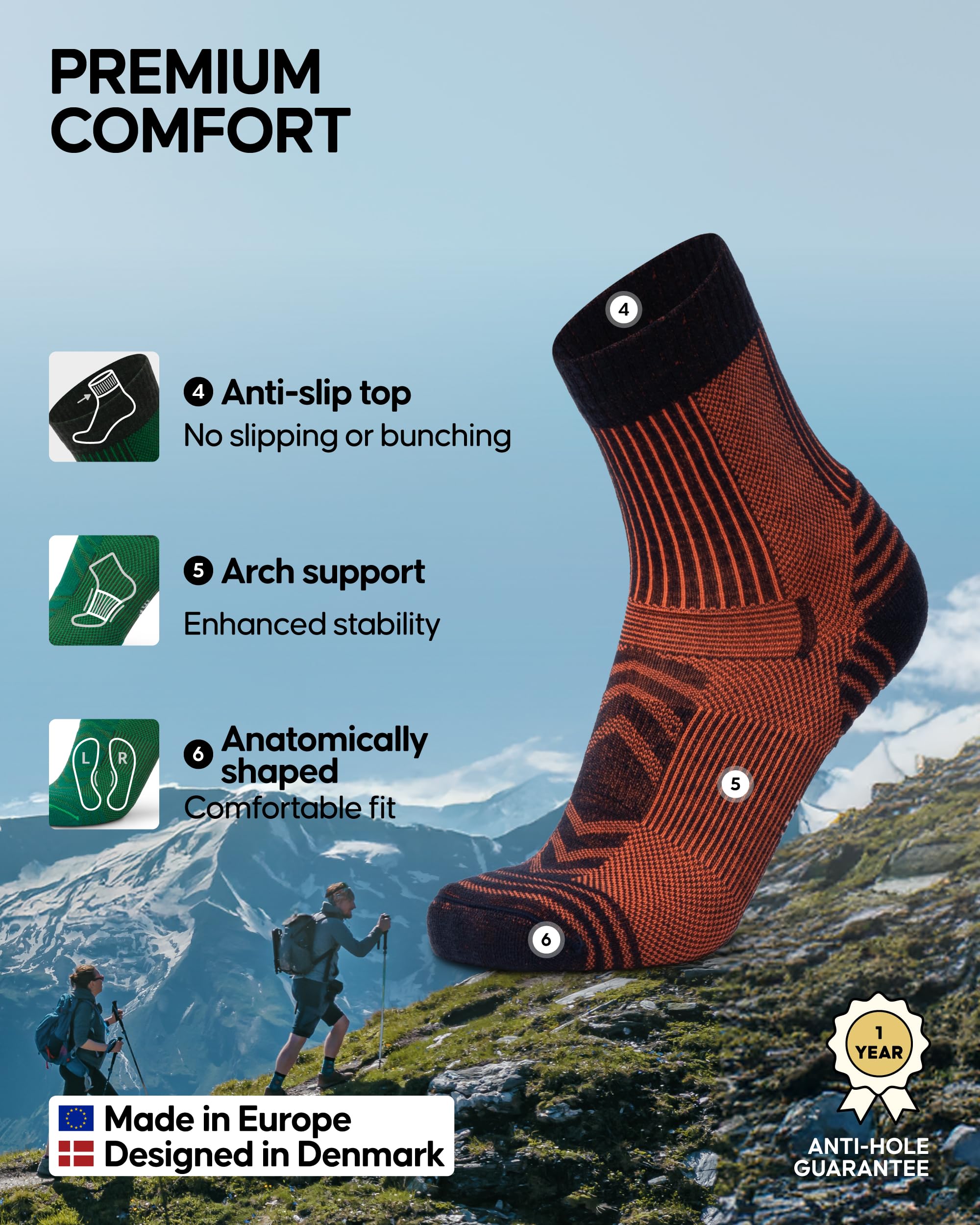 DANISH ENDURANCE Lightweight Merino Wool Hiking Socks, Thin Breathable Summer Walking Socks for Men & Women, 3 or 5-Pack - Image 3