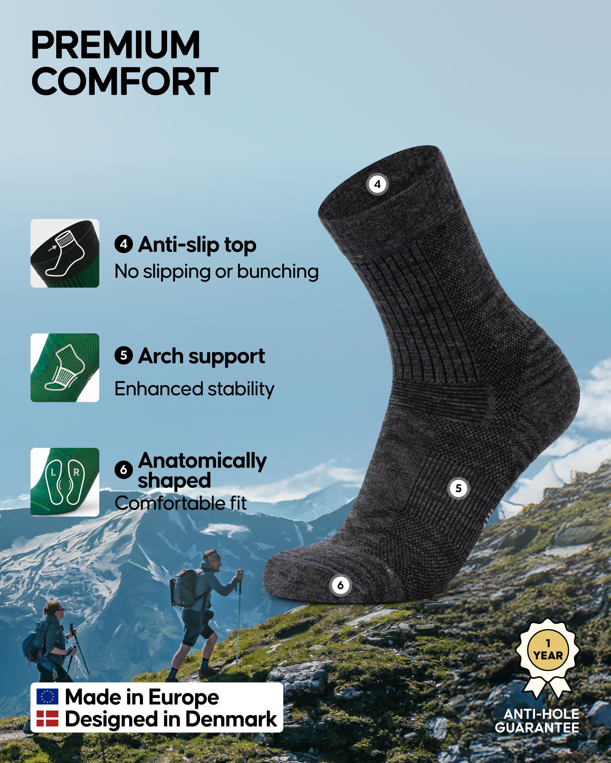 DANISH ENDURANCE Lightweight Merino Wool Hiking Socks, Thin Breathable Summer Walking Socks for Men & Women, 3 or 5-Pack - Image 3