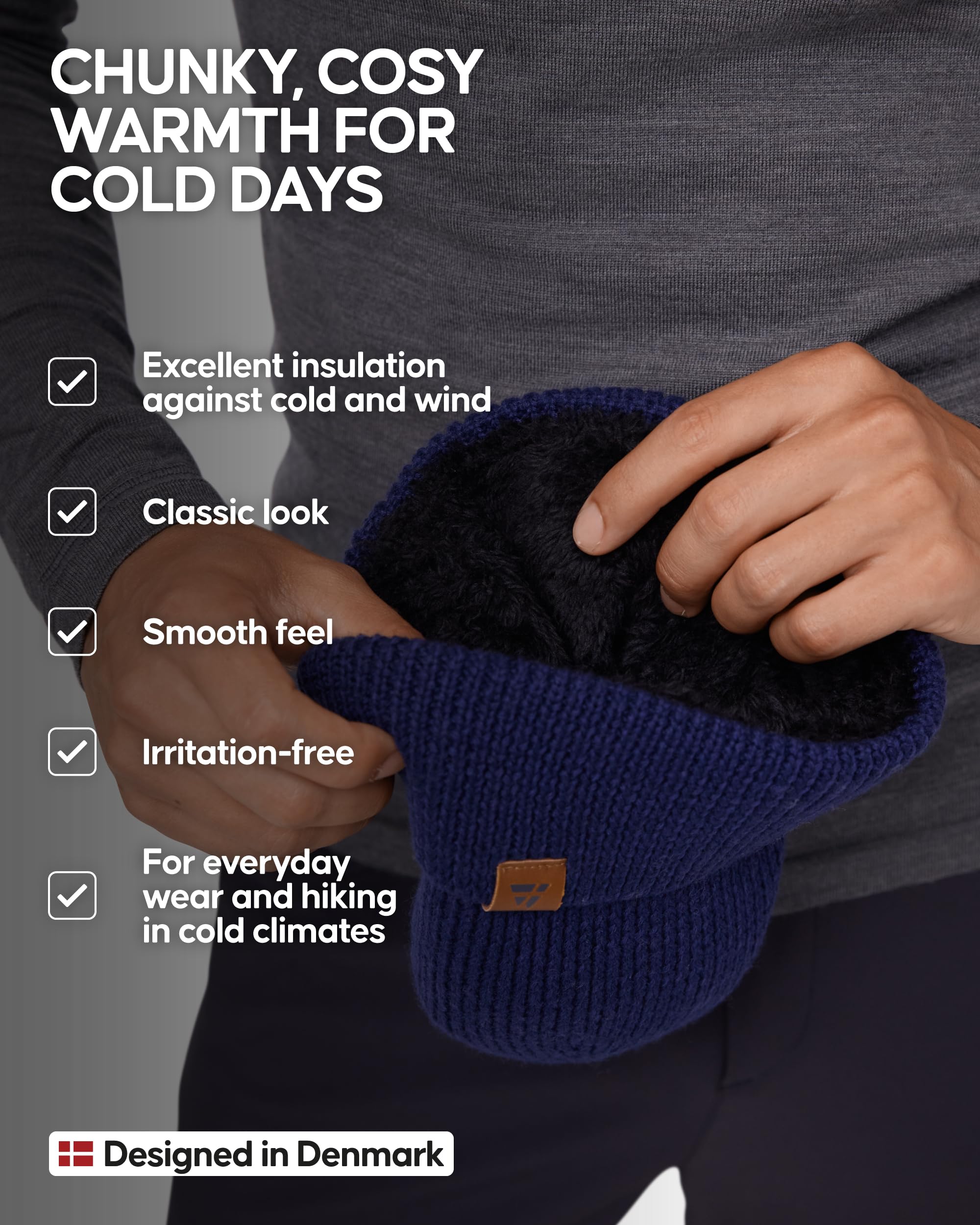 DANISH ENDURANCE Merino Wool Beanie for Men & Women, Fleece Lined Hat, Soft, Stretchy, Fisherman Beanie, Warm Wool Hat - Image 3