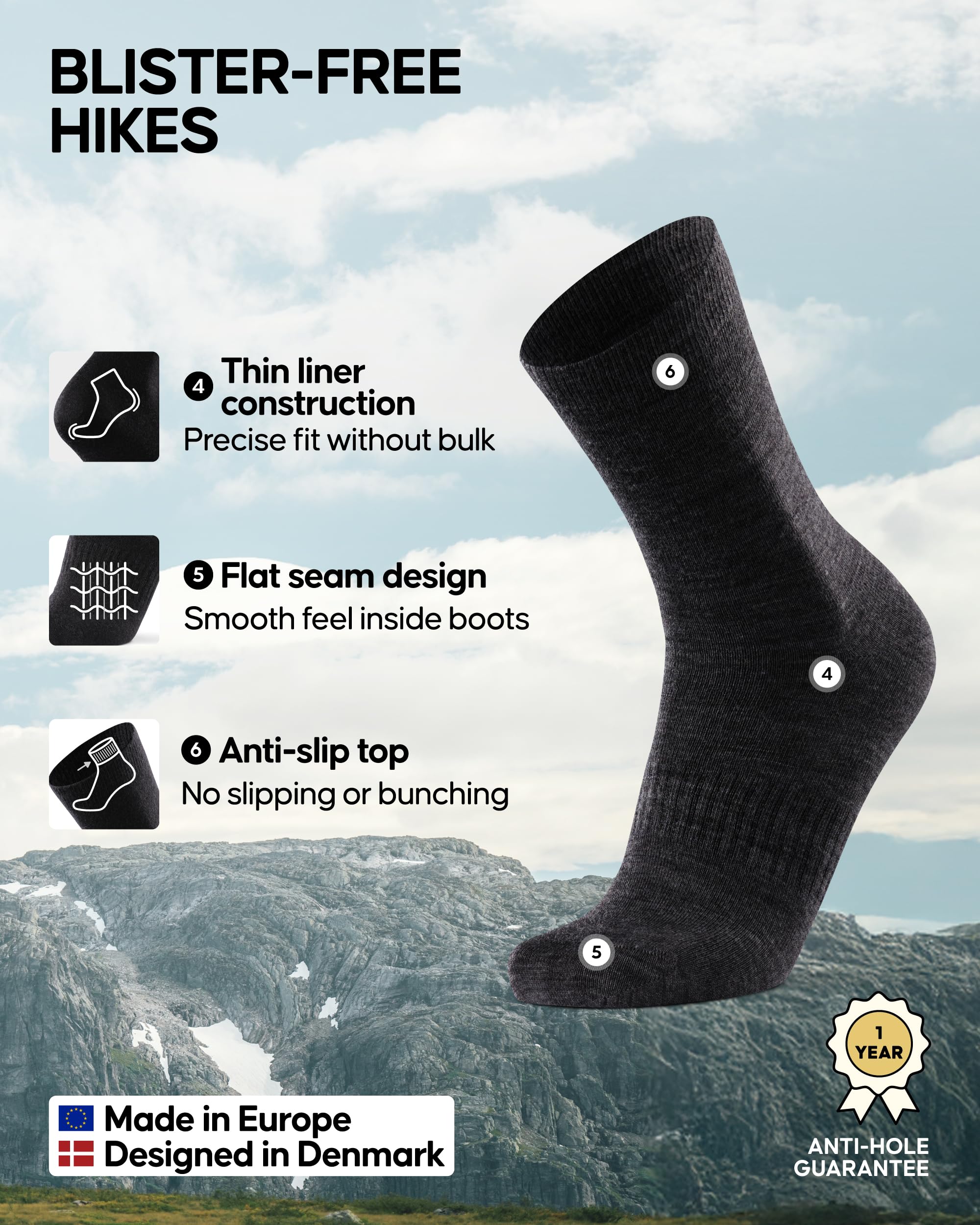 DANISH ENDURANCE Merino Wool Hiking Liner Socks for Men & Women, Lightweight & Breathable Socks for Outdoors, 2 or 4-Pack - Image 3