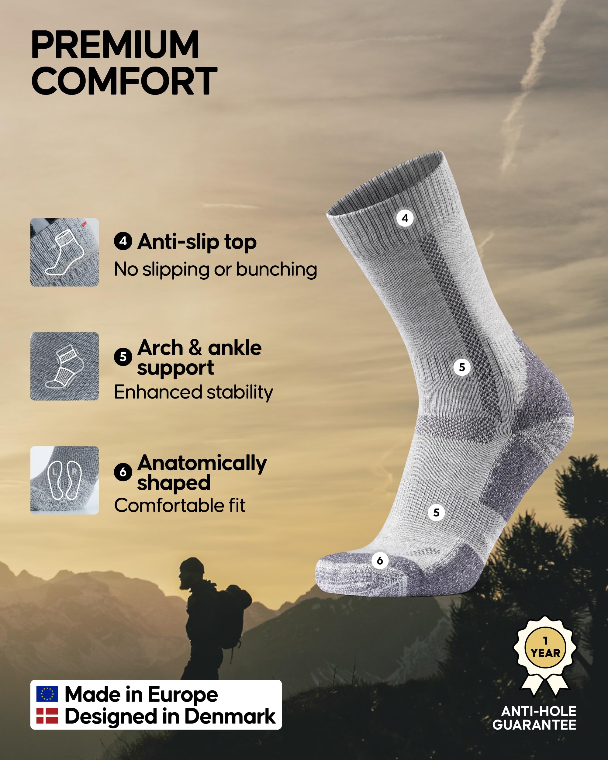 DANISH ENDURANCE Merino Wool Hiking Socks for Men & Women, Breathable, Anti-Blister Socks for Outdoors, 3 or 5-Pack - Image 3