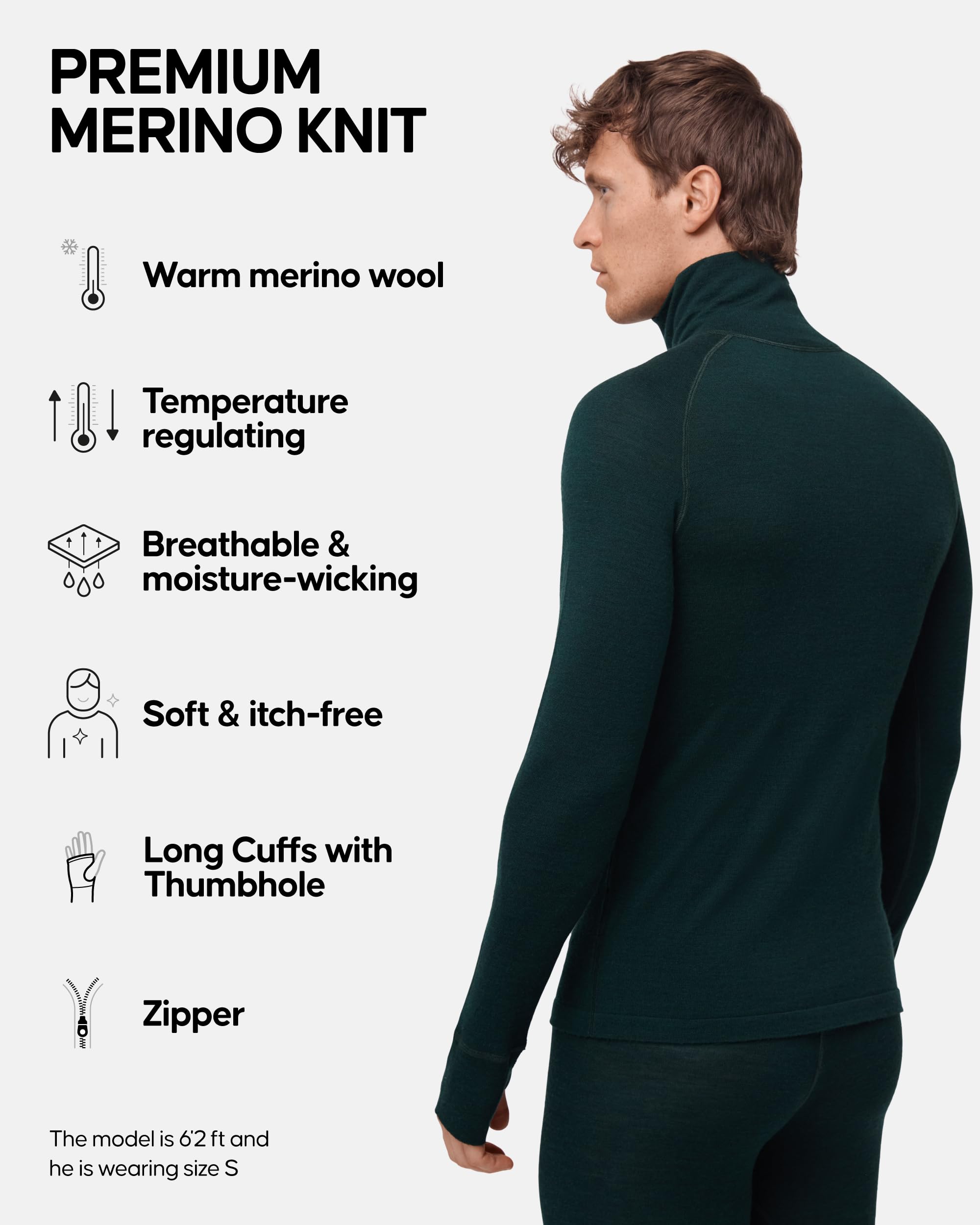 DANISH ENDURANCE Merino Wool Long Sleeve for Men, Thermal Top, Merino Wool Base Layer Underwear, with or Without a Zipper - Image 3