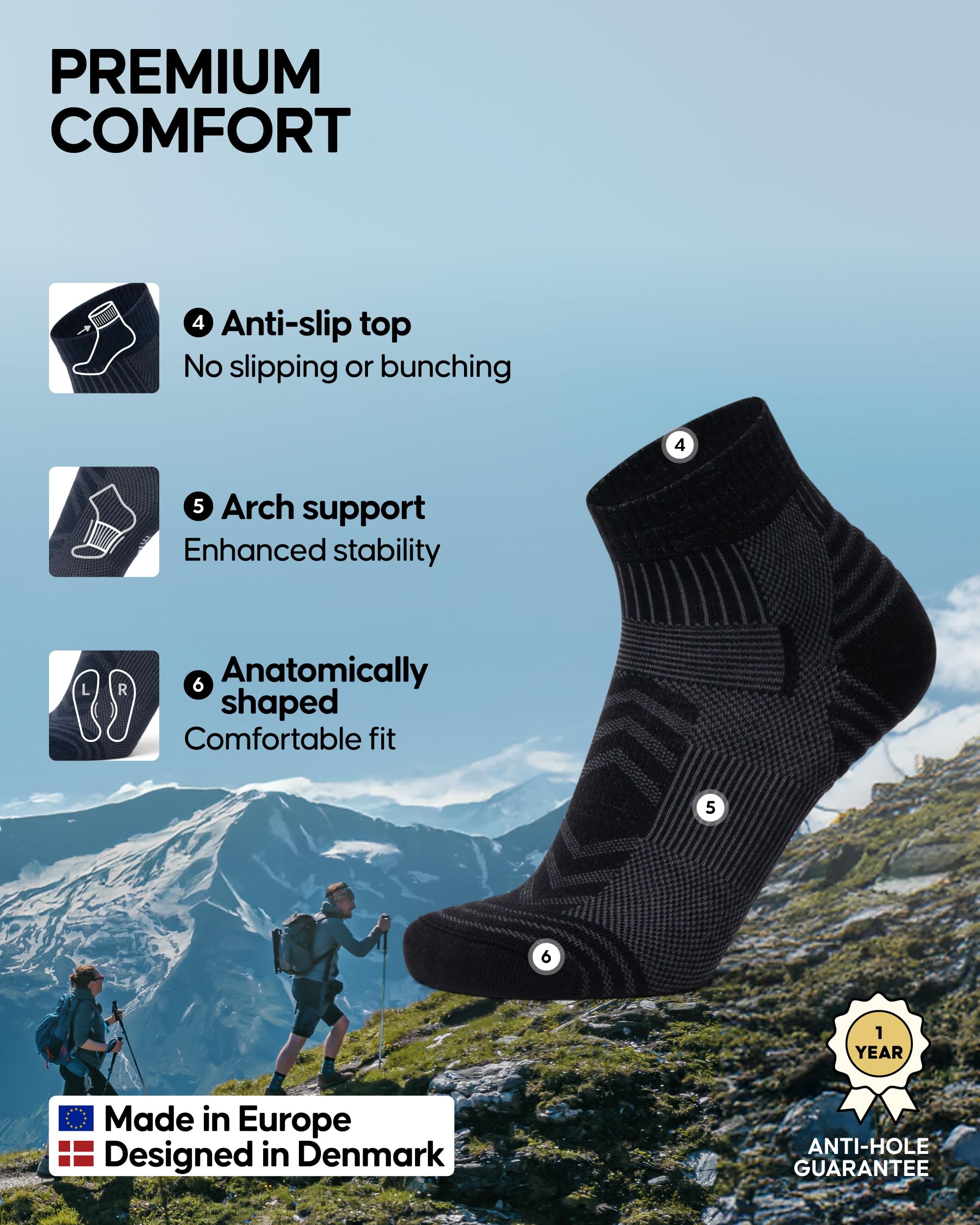 DANISH ENDURANCE Merino Wool Low-Cut Hiking Socks – Breathable Ankle Socks for Men & Women, Anti-Blister for Outdoors, 3-Pack - Image 3