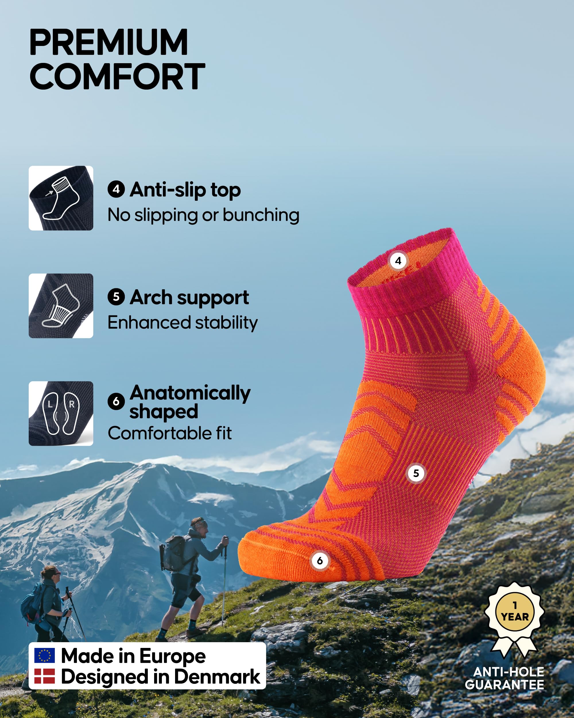 DANISH ENDURANCE Merino Wool Low-Cut Hiking Socks – Breathable Ankle Socks for Men & Women, Anti-Blister for Outdoors, 3-Pack - Image 3